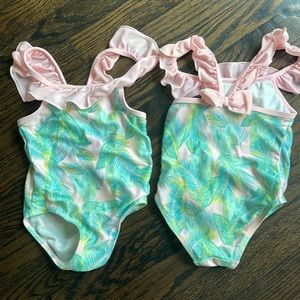 Pink and green palm ruffle bow swimsuits 2t Flaoatimini TBBC Cecil & Lou